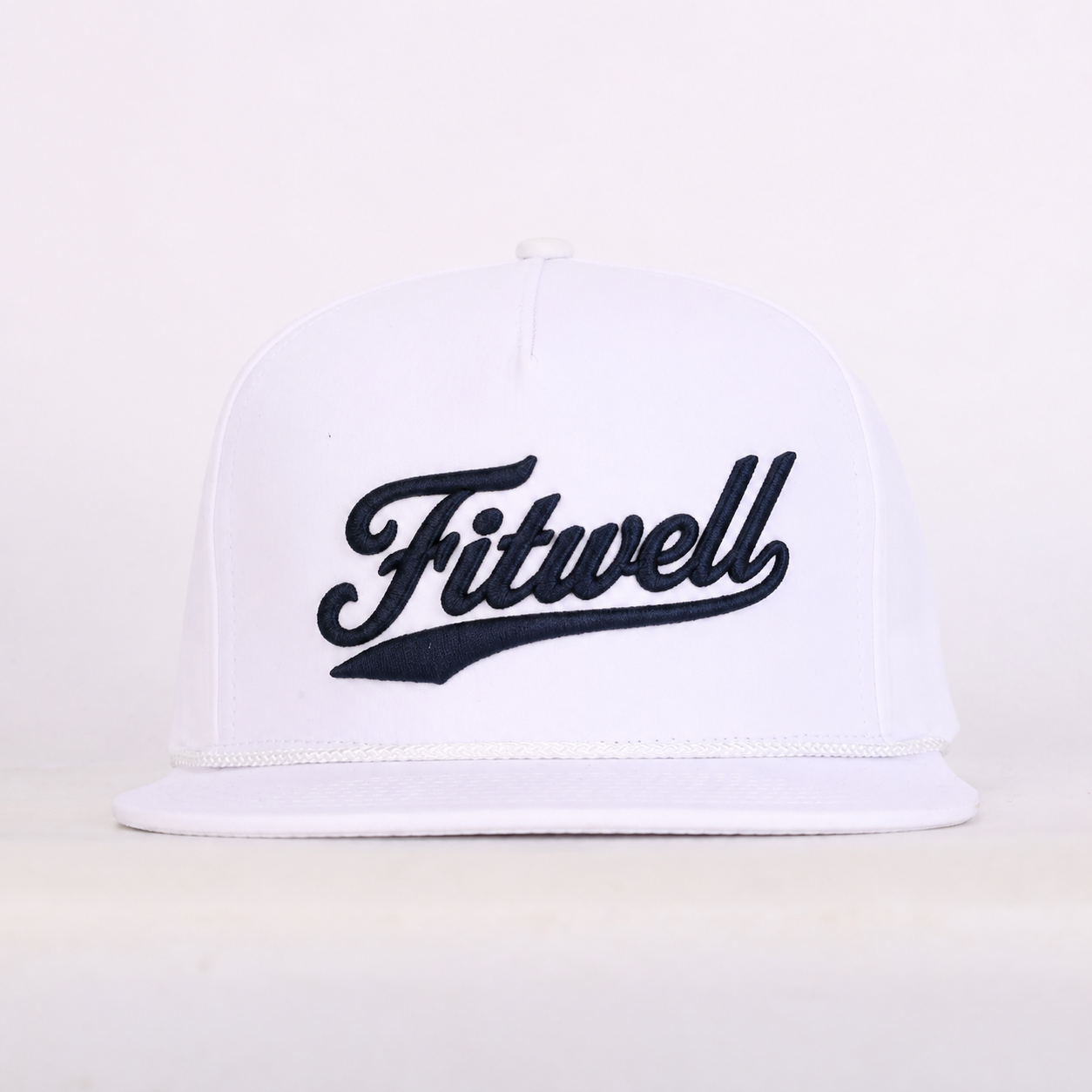 White 5-Panel Rope Snapback Cap with Raised Script Embroidery – Flat Brim Streetwear Hat
