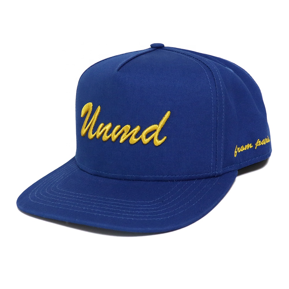 Navy Blue Script Embroidered Snapback Cap with Flat Brim