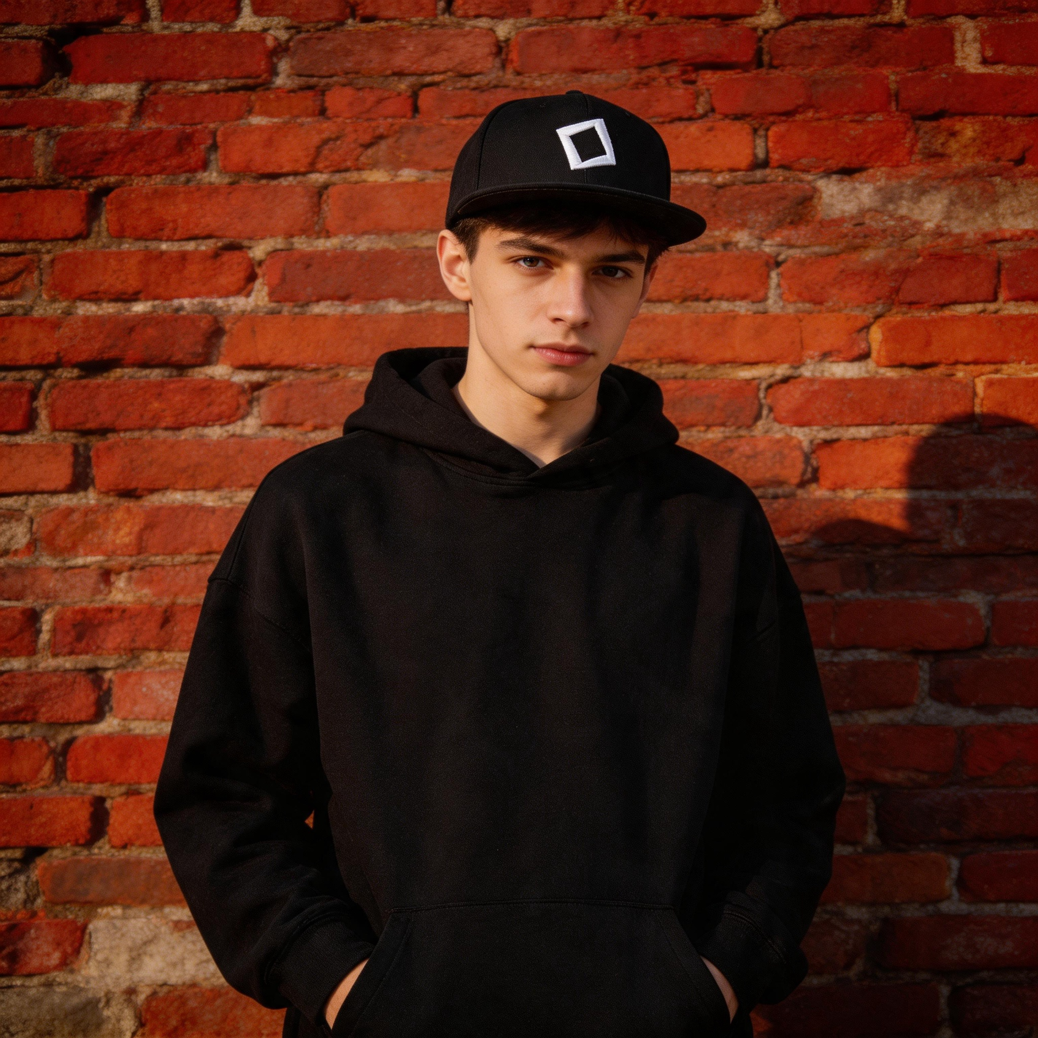 Black Flat Brim Snapback Cap with Embroidered Geometric Logo for Streetwear