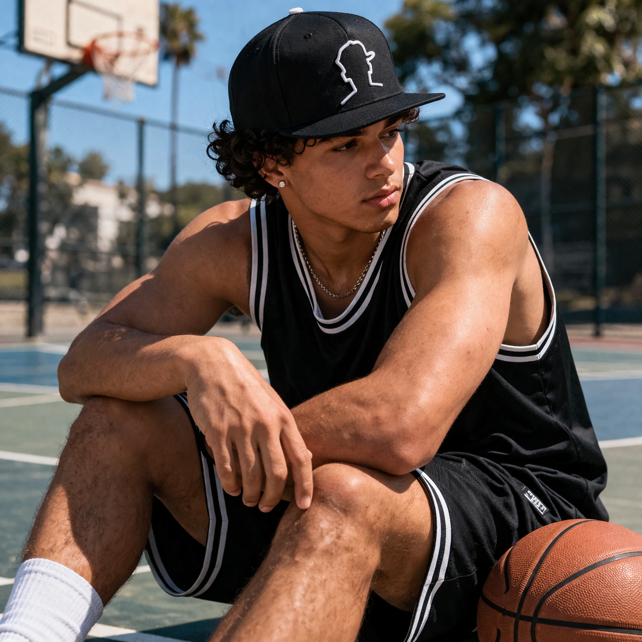 Black 5 Panel Flat Brim Snapback Hat with White Outline Embroidery