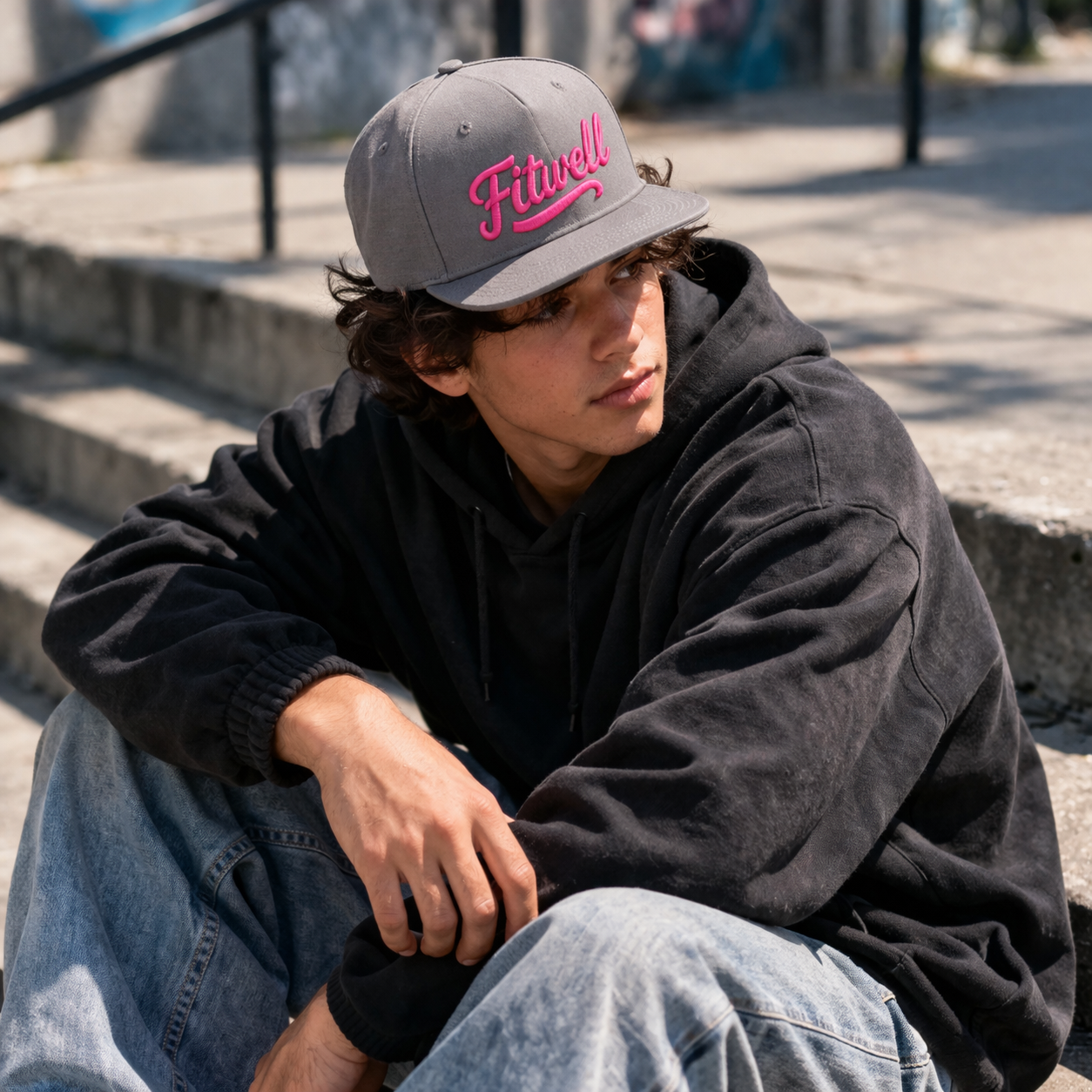 Grey Flat Brim Snapback Cap with Pink 3D Embroidered Script Logo