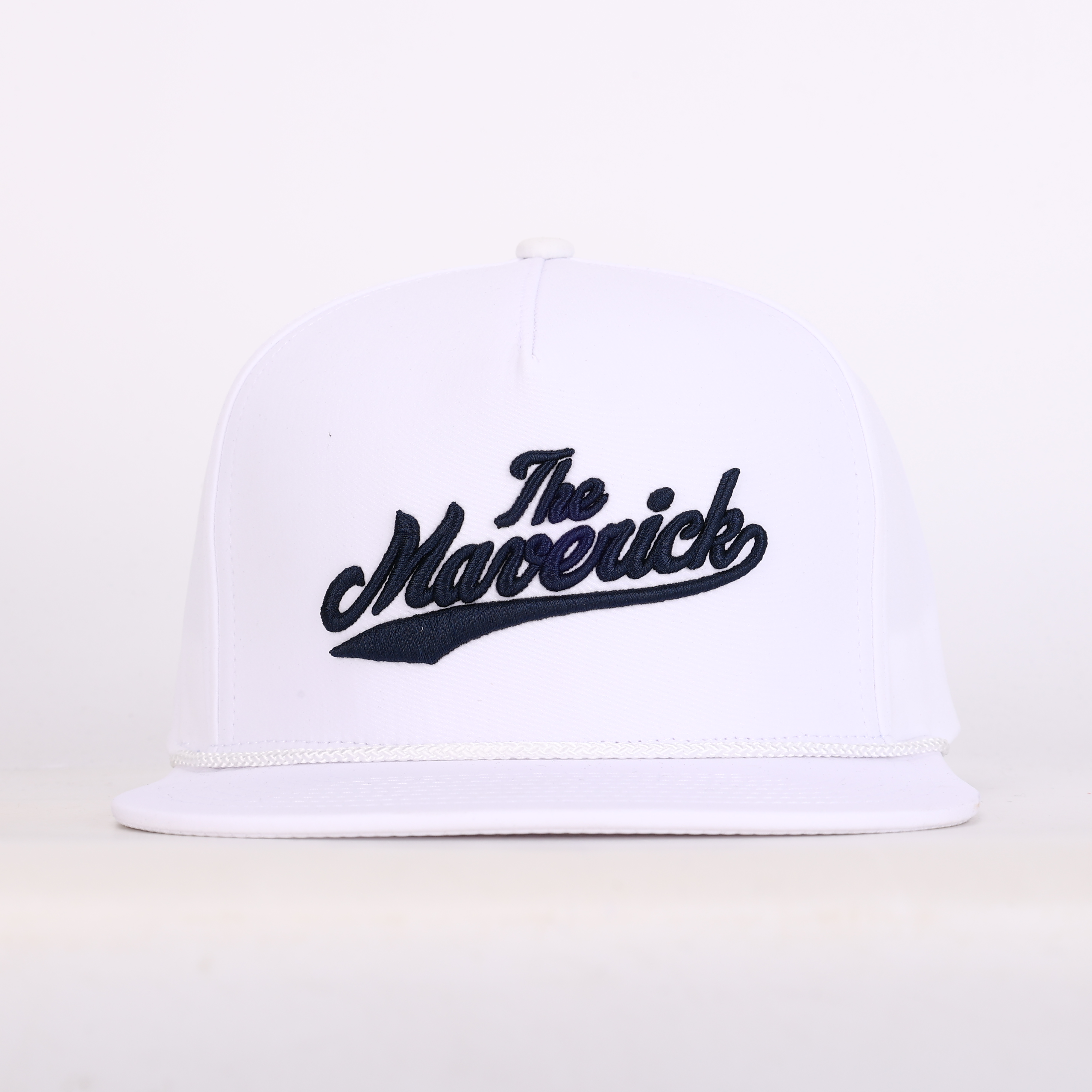 White 5-Panel Rope Snapback Cap with Raised Script Embroidery – Flat Brim Streetwear Hat