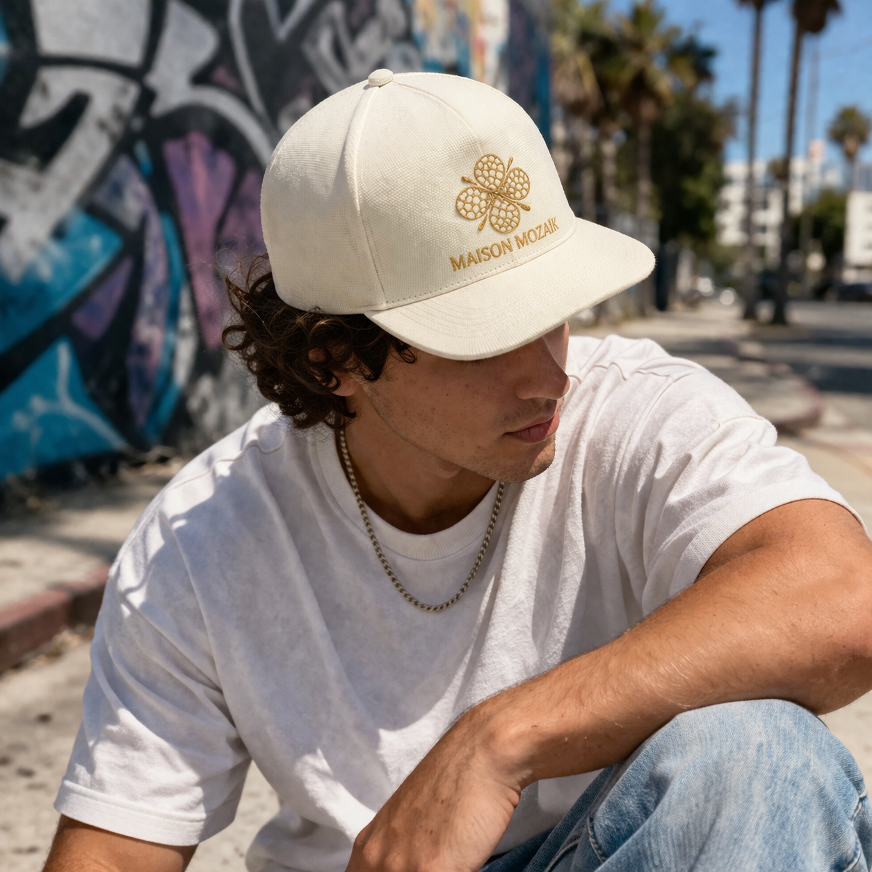 Luxury Cream Embroidered Logo Flat Brim Snapback Cap