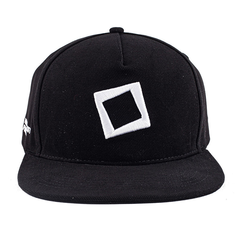 Black Flat Brim Snapback Cap with Embroidered Geometric Logo for Streetwear