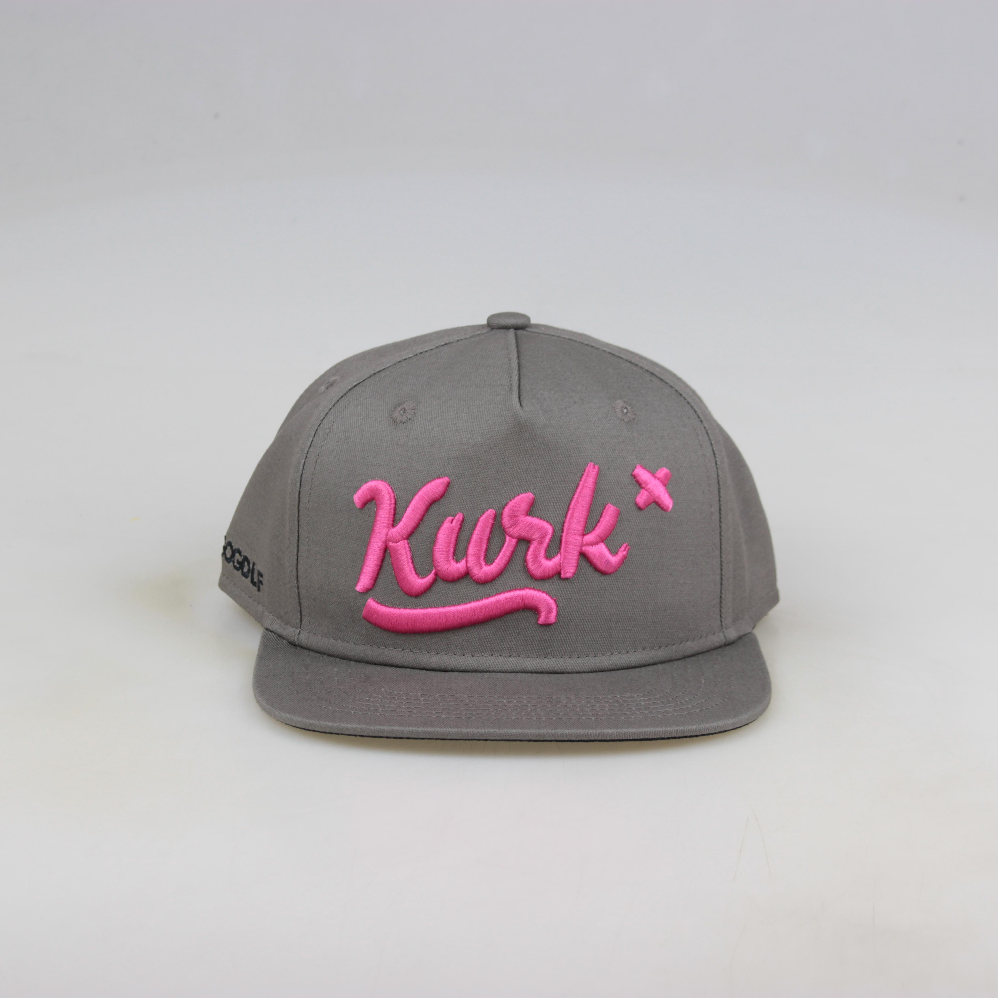 Grey Flat Brim Snapback Cap with Pink 3D Embroidered Script Logo