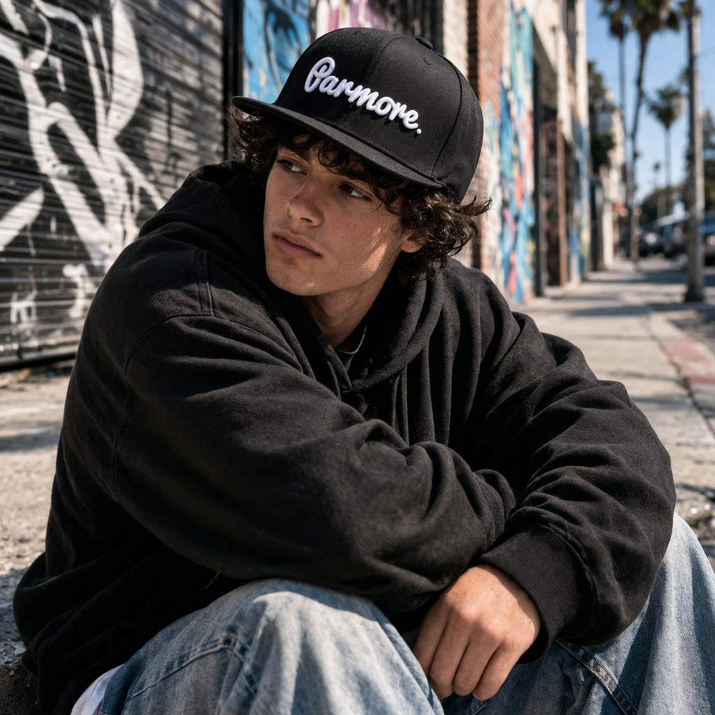 Black Flat Brim Snapback Cap with Embroidered Script Logo