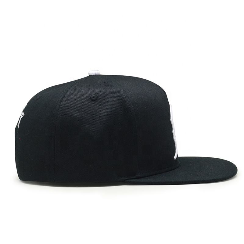 Black 5 Panel Flat Brim Snapback Hat with White Outline Embroidery