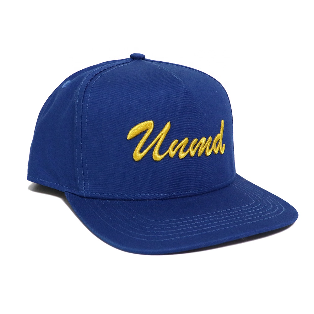 Navy Blue Script Embroidered Snapback Cap with Flat Brim