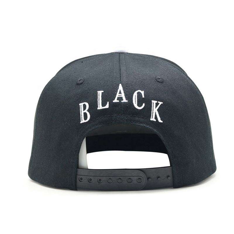 Black 5 Panel Flat Brim Snapback Hat with White Outline Embroidery