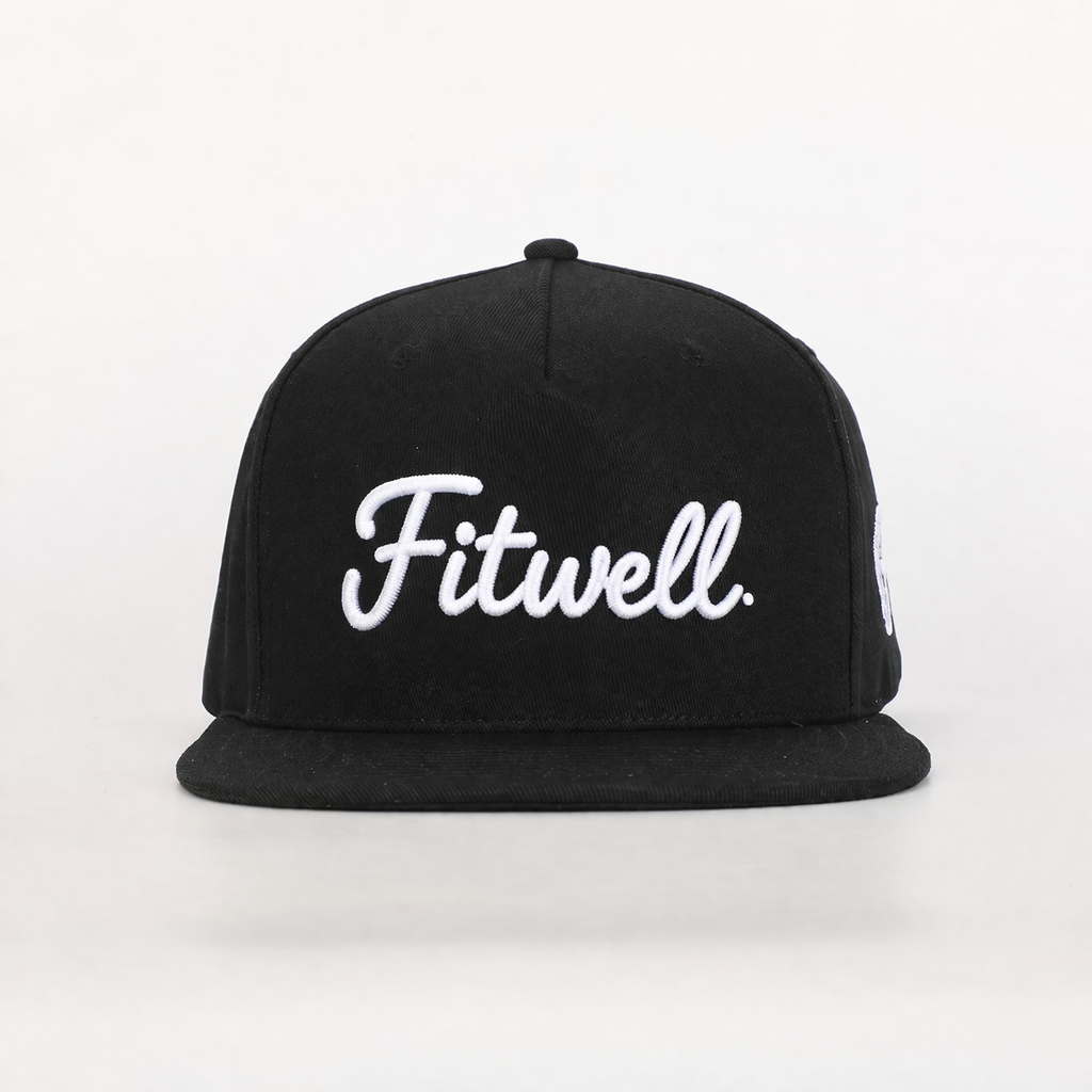 Black Flat Brim Snapback Cap with Embroidered Script Logo