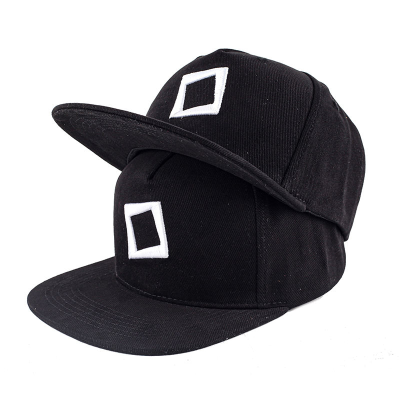 Black Flat Brim Snapback Cap with Embroidered Geometric Logo for Streetwear
