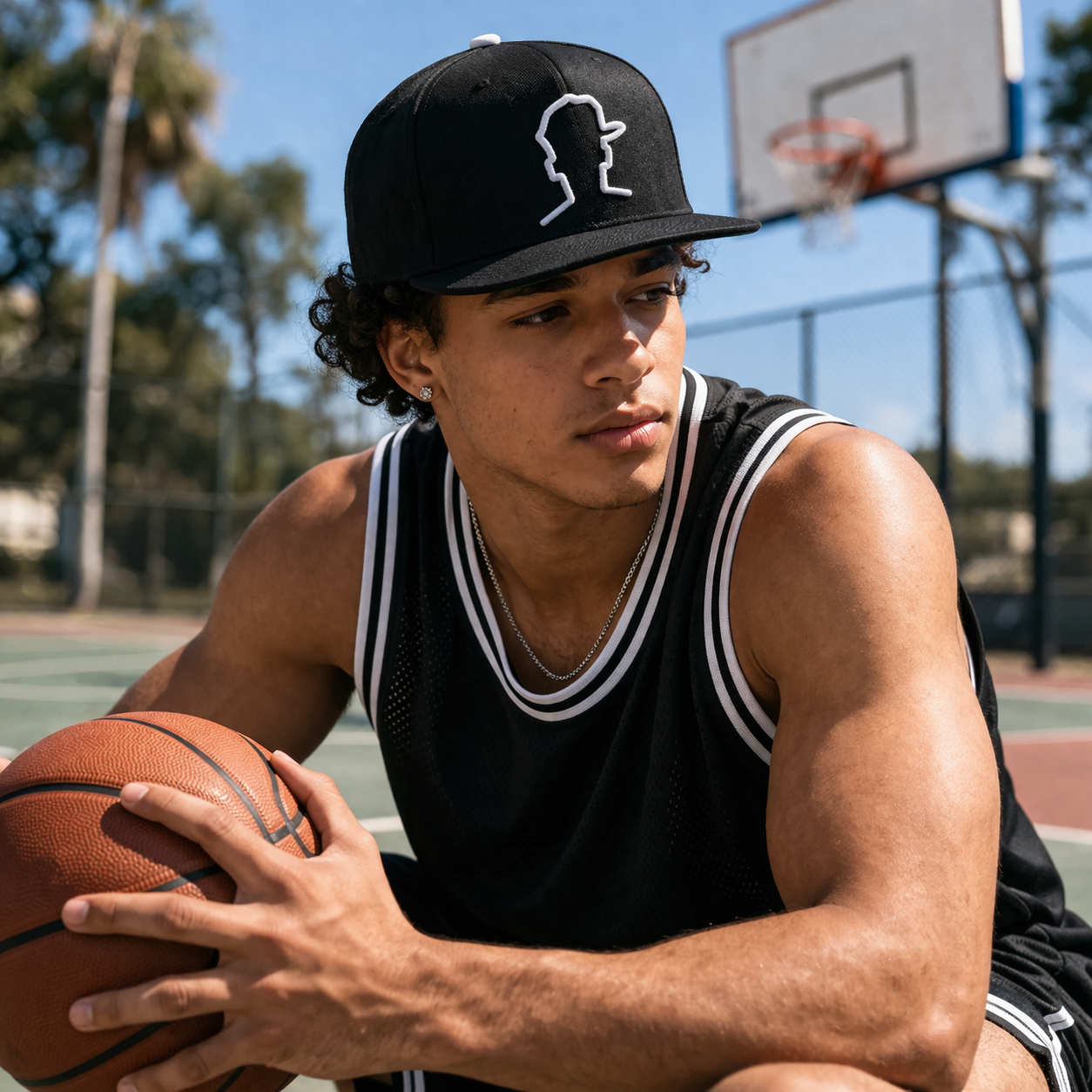 Black 5 Panel Flat Brim Snapback Hat with White Outline Embroidery