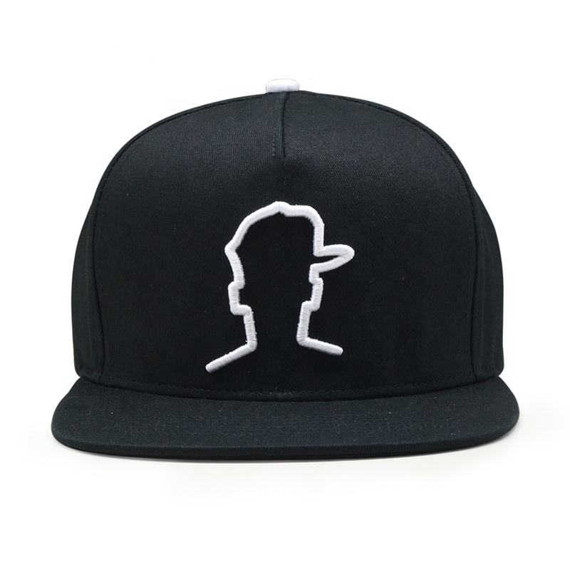 Black 5 Panel Flat Brim Snapback Hat with White Outline Embroidery