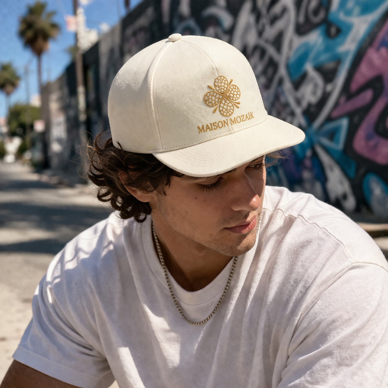 Luxury Cream Embroidered Logo Flat Brim Snapback Cap