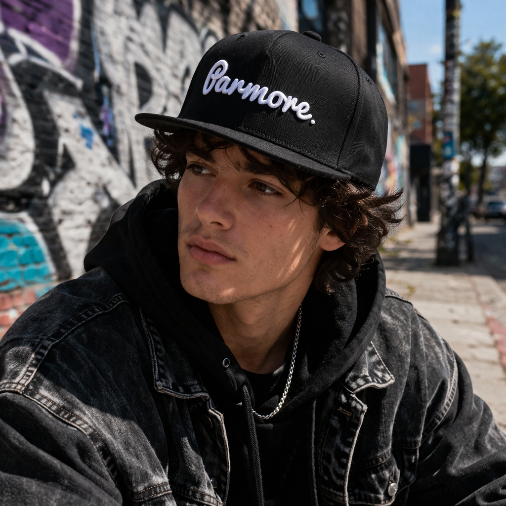 Black Flat Brim Snapback Cap with Embroidered Script Logo