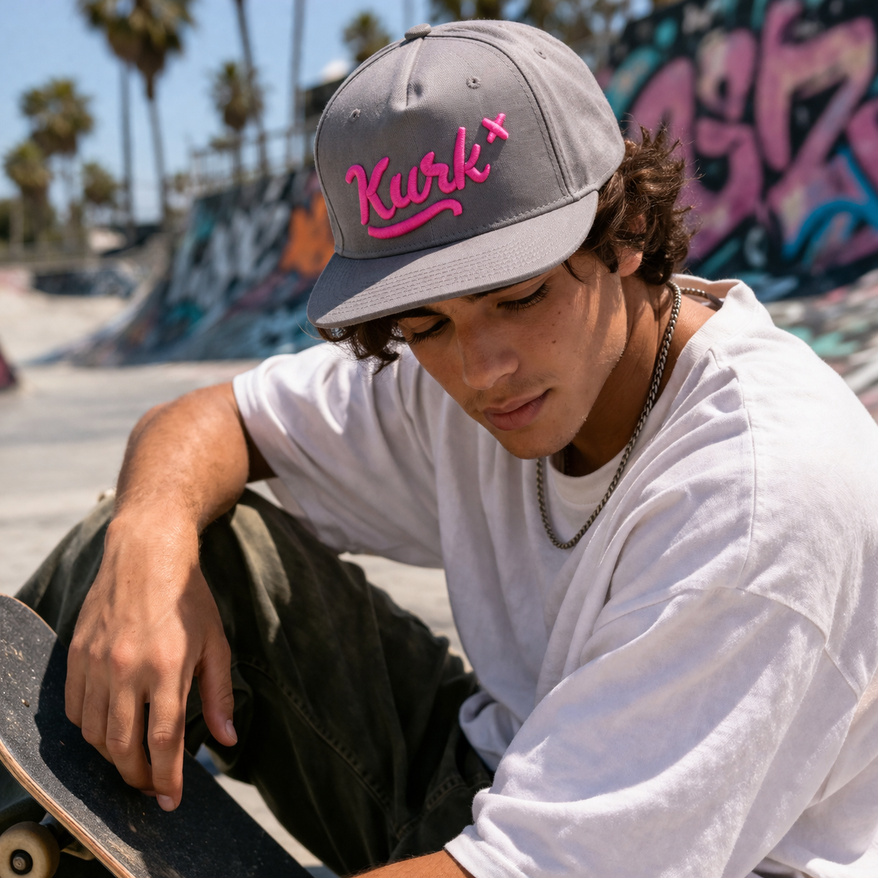Grey Flat Brim Snapback Cap with Pink 3D Embroidered Script Logo