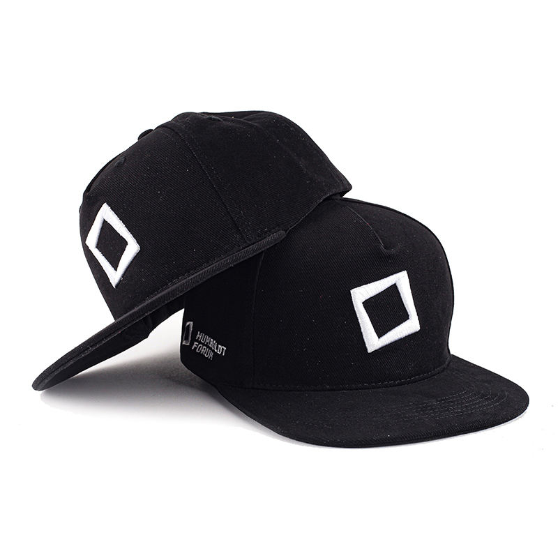 Black Flat Brim Snapback Cap with Embroidered Geometric Logo for Streetwear