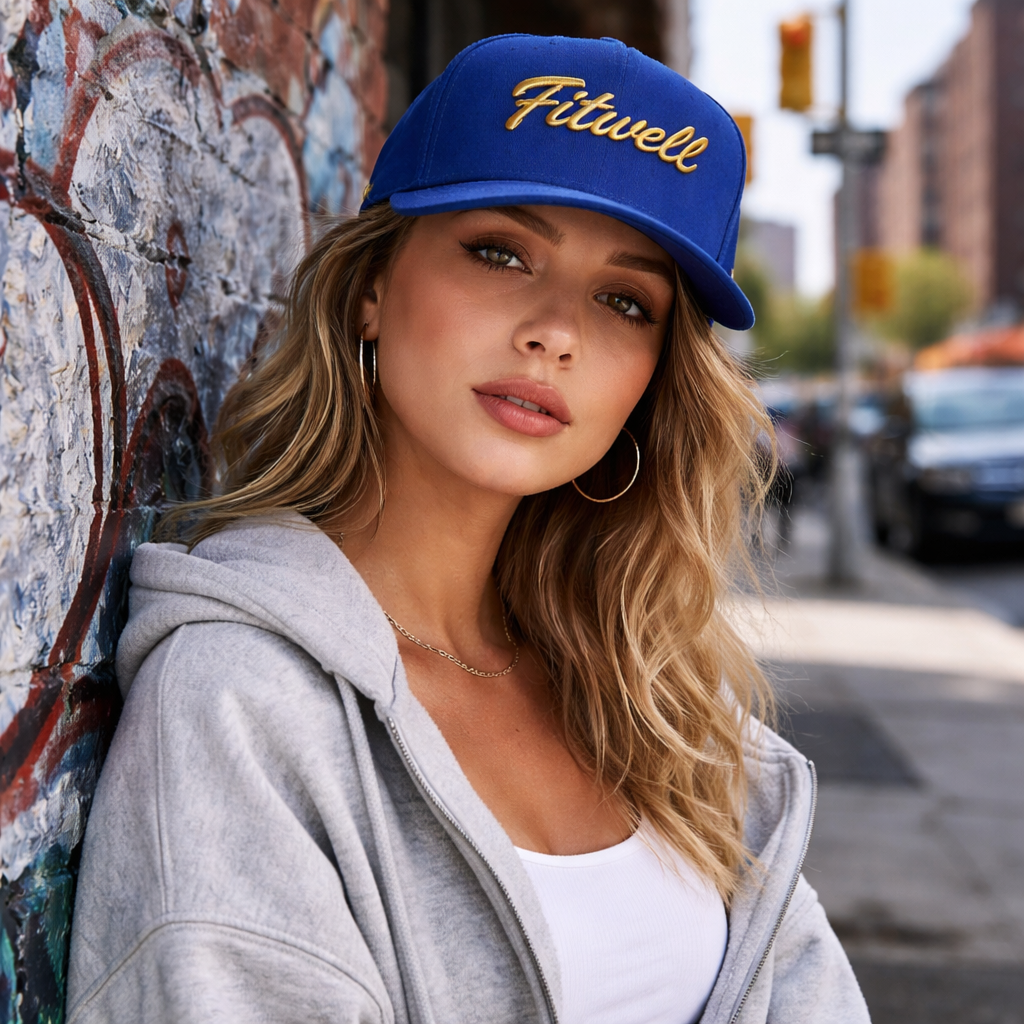 Navy Blue Script Embroidered Snapback Cap with Flat Brim