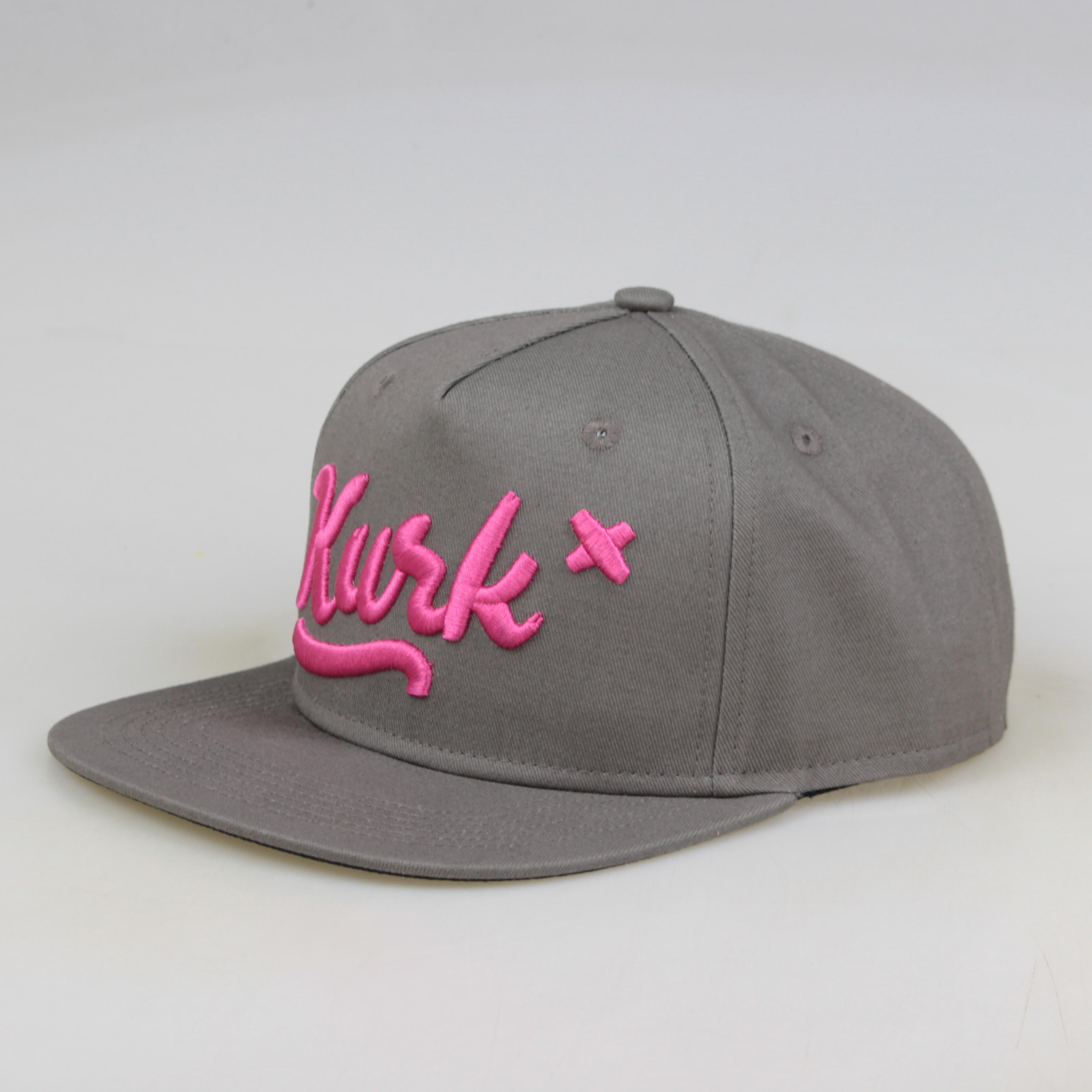 Grey Flat Brim Snapback Cap with Pink 3D Embroidered Script Logo