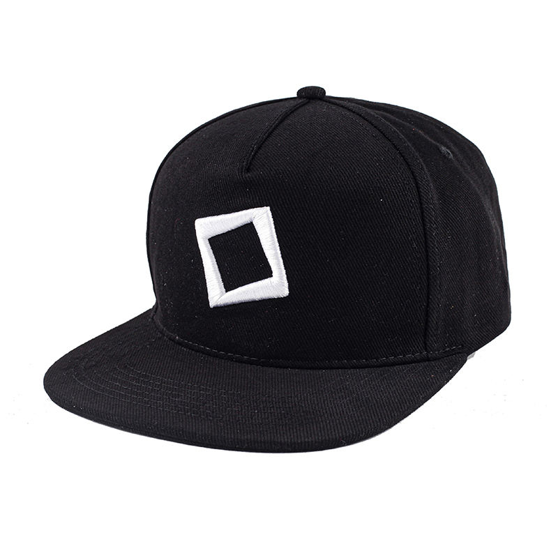 Black Flat Brim Snapback Cap with Embroidered Geometric Logo for Streetwear