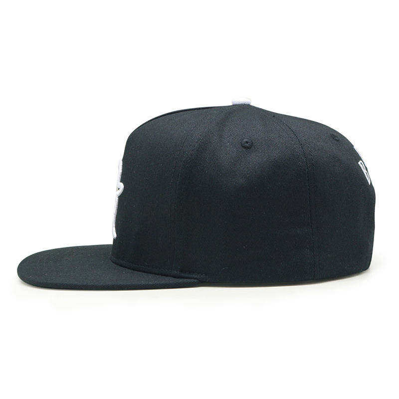 Black 5 Panel Flat Brim Snapback Hat with White Outline Embroidery