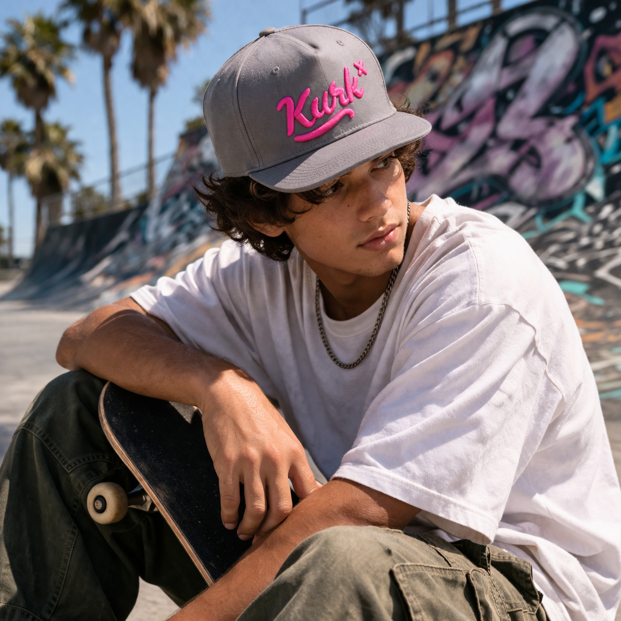 Grey Flat Brim Snapback Cap with Pink 3D Embroidered Script Logo