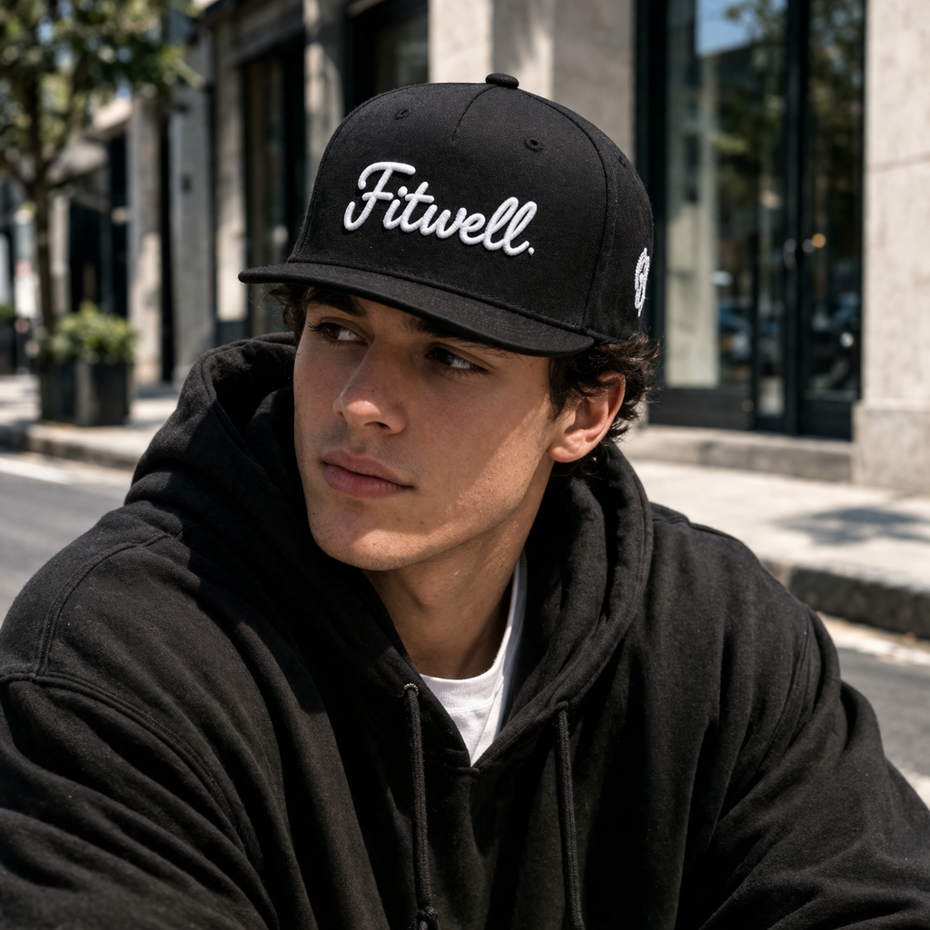 Black Flat Brim Snapback Cap with Embroidered Script Logo