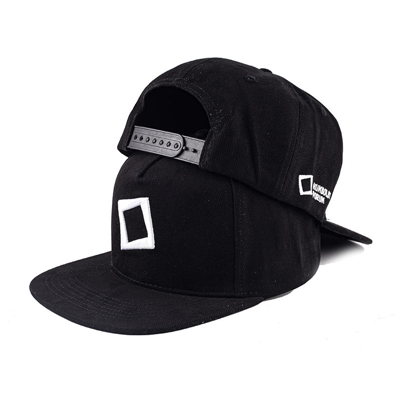 Black Flat Brim Snapback Cap with Embroidered Geometric Logo for Streetwear