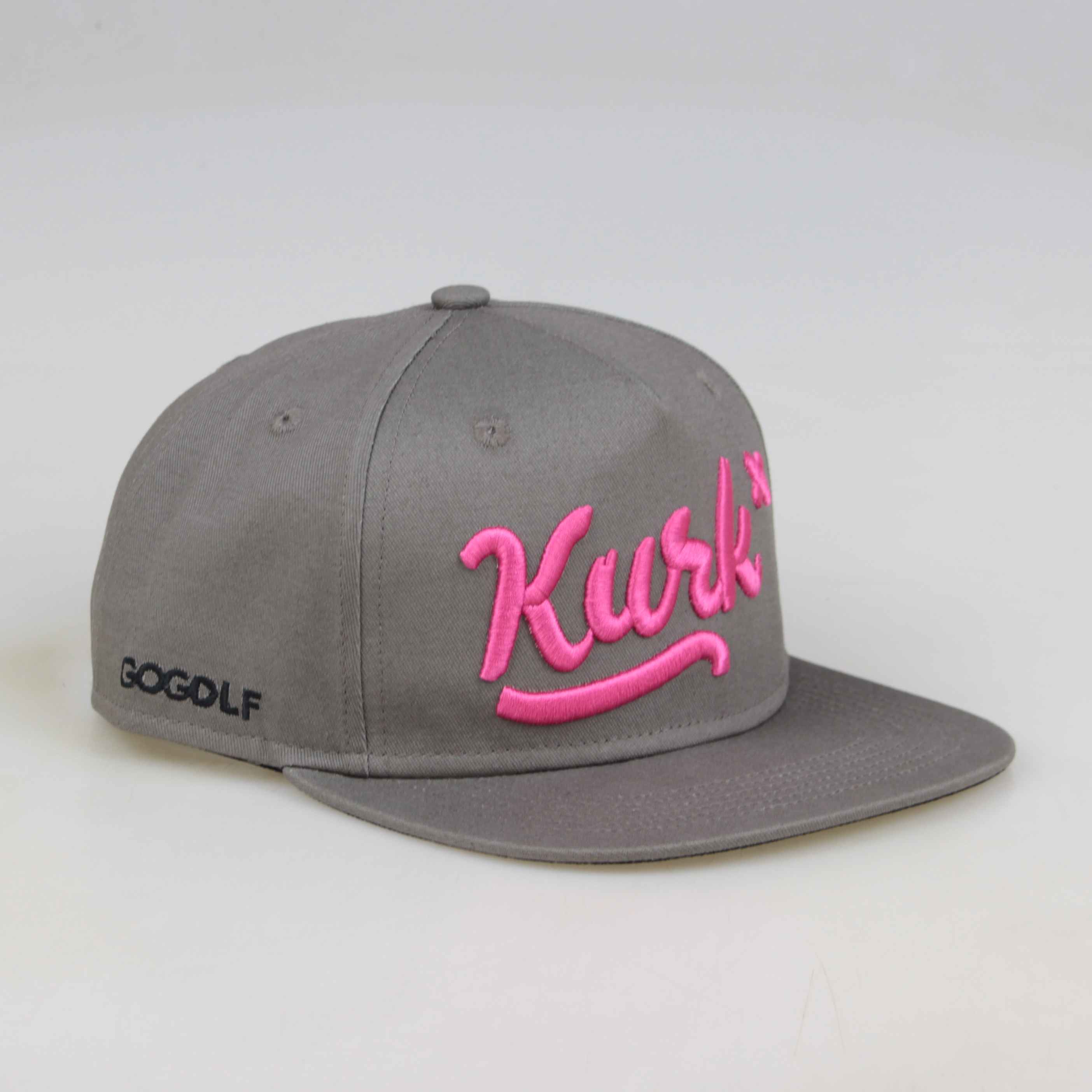 Grey Flat Brim Snapback Cap with Pink 3D Embroidered Script Logo