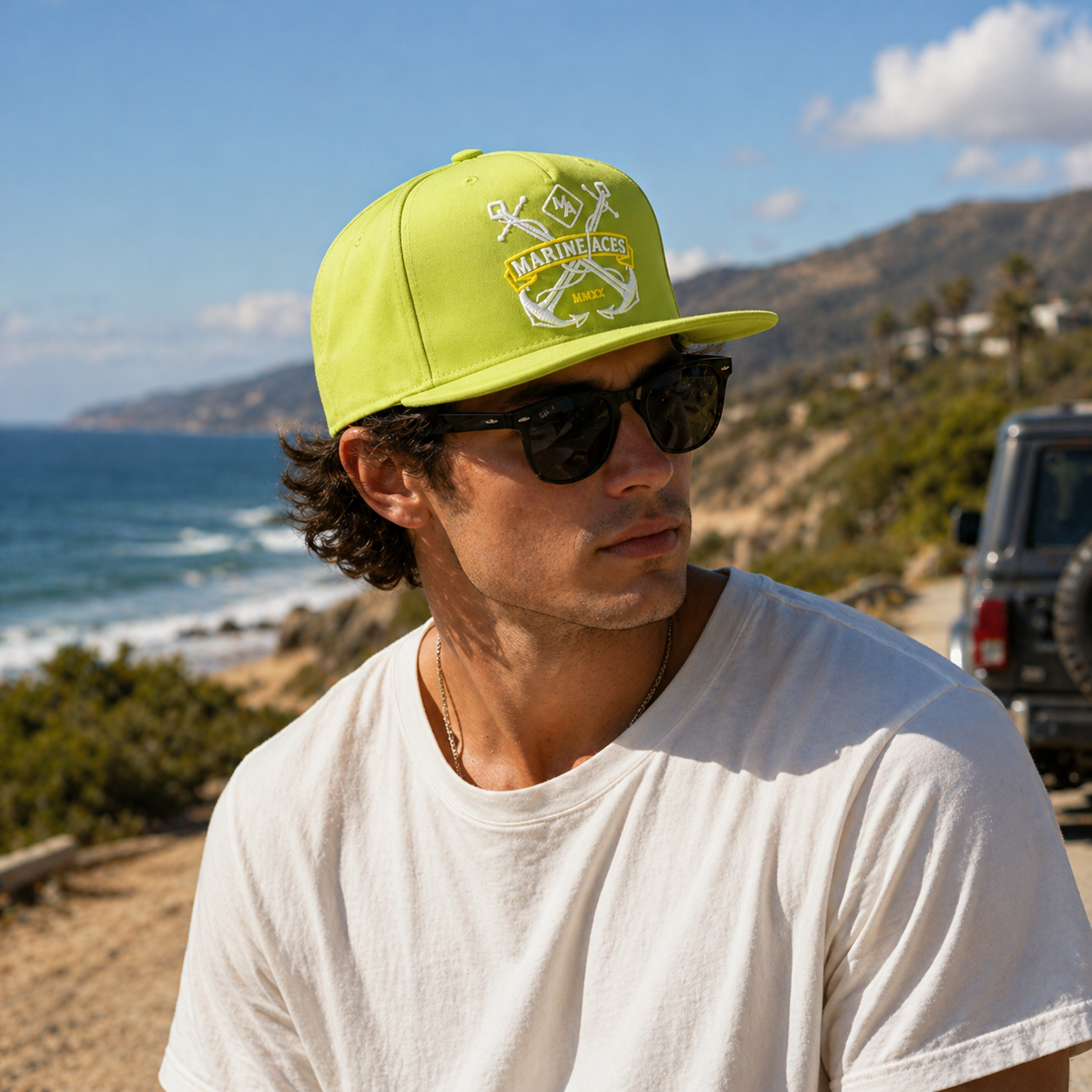 Lime Green Marine Aces Embroidered Flat Brim Snapback Cap