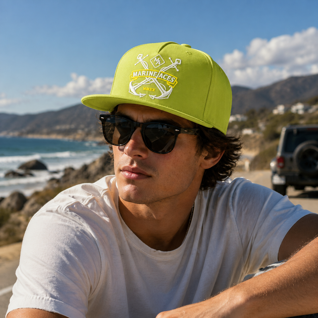 Lime Green Marine Aces Embroidered Flat Brim Snapback Cap