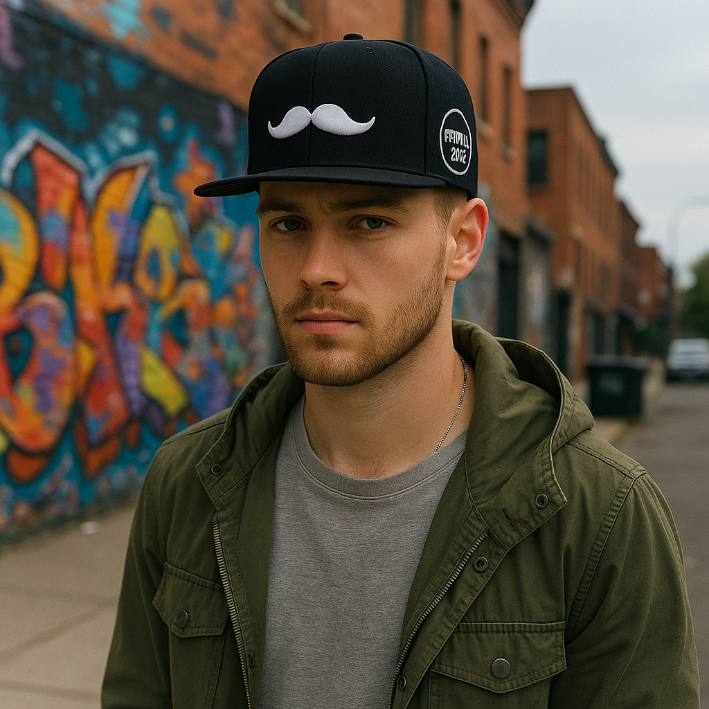 Black Snapback Hat with Mustache Embroidery – 6 Panel Streetwear Cap