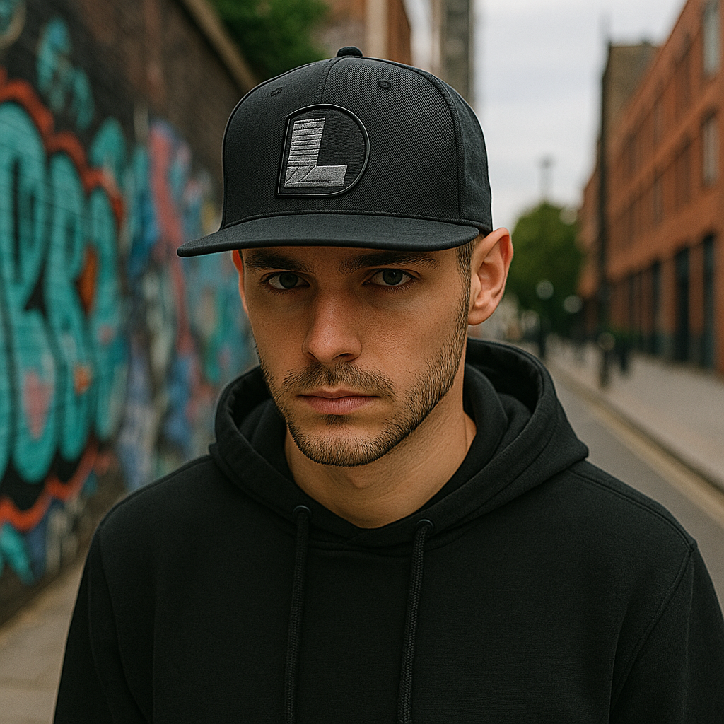 Black Snapback Hat with 3D 'L' Logo Embroidery – 6 Panel Custom Streetwear Cap