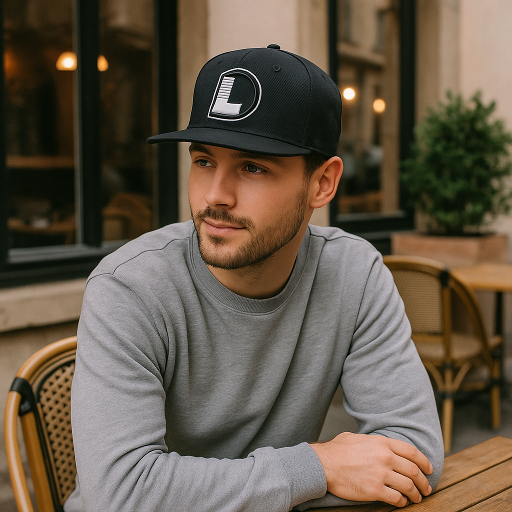 Black Snapback Hat with 3D 'L' Logo Embroidery – 6 Panel Custom Streetwear Cap