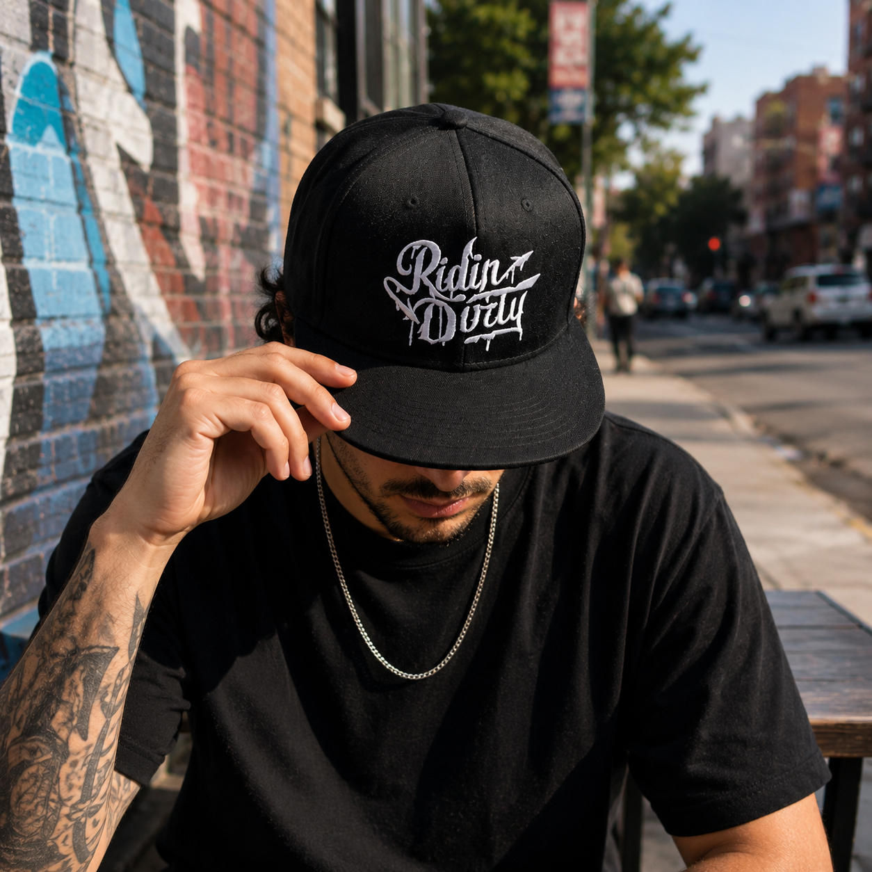 Black 6-Panel Flat Brim Snapback with 3D Embroidery