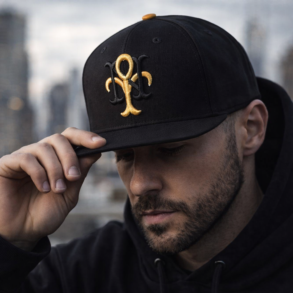 Black Flat Brim Monogram Embroidered Snapback Cap