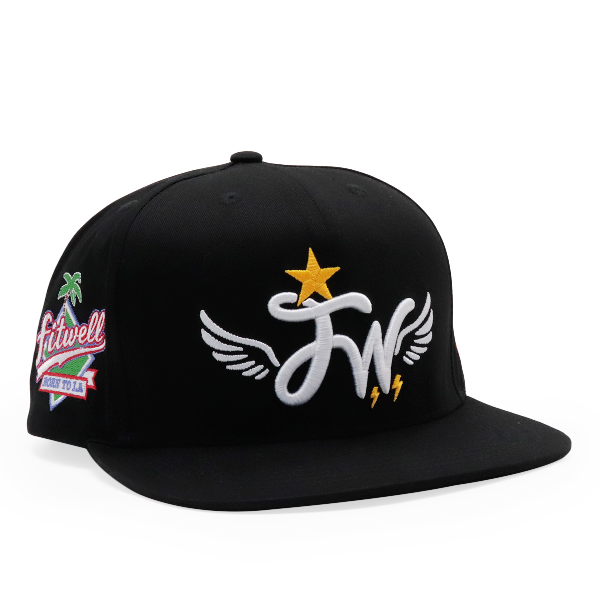 Black Six-Panel Flat Brim Snapback with Winged Monogram Embroidery