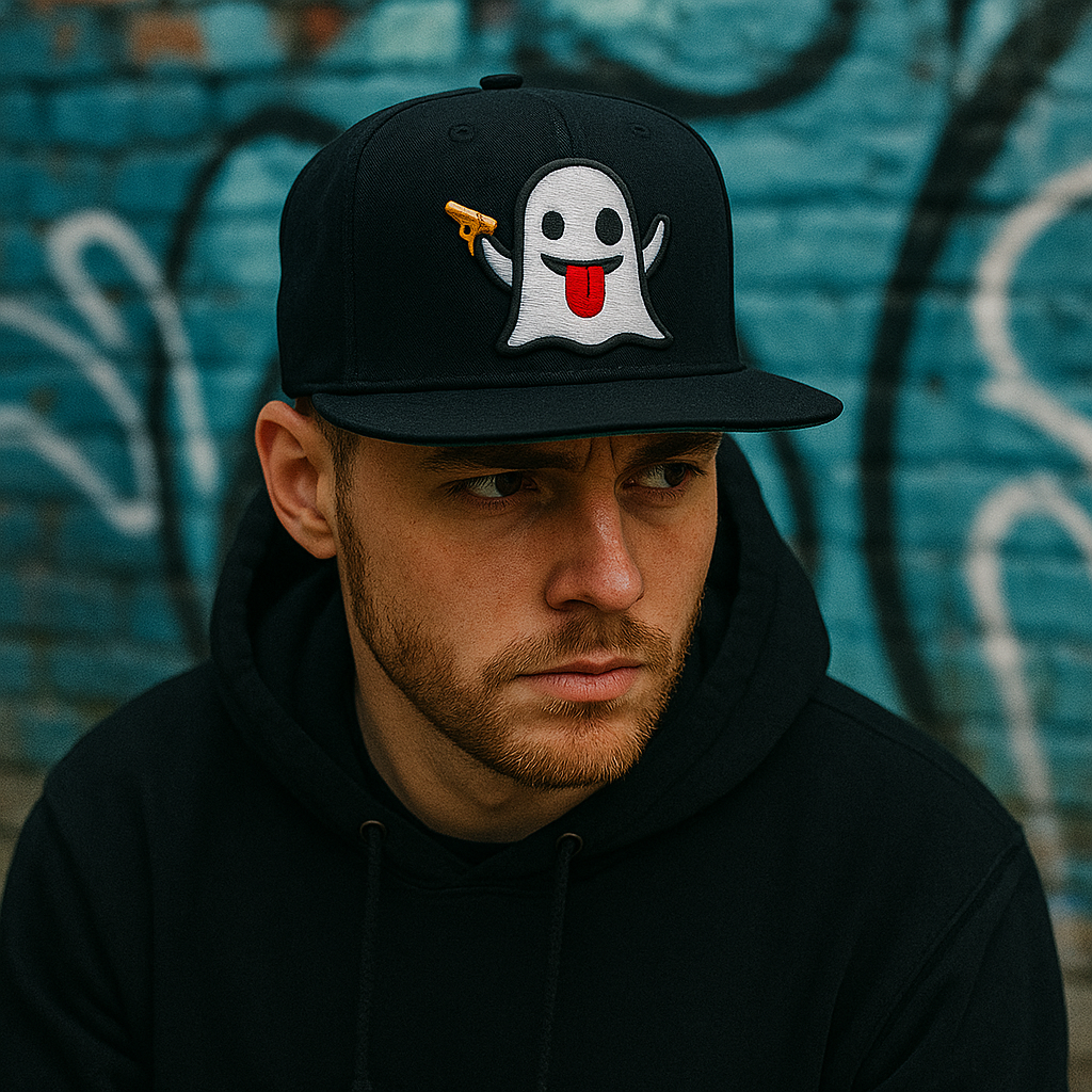 Ghost Emoji Cartoon Snapback Hat – 3D Embroidered Flat Brim Cap