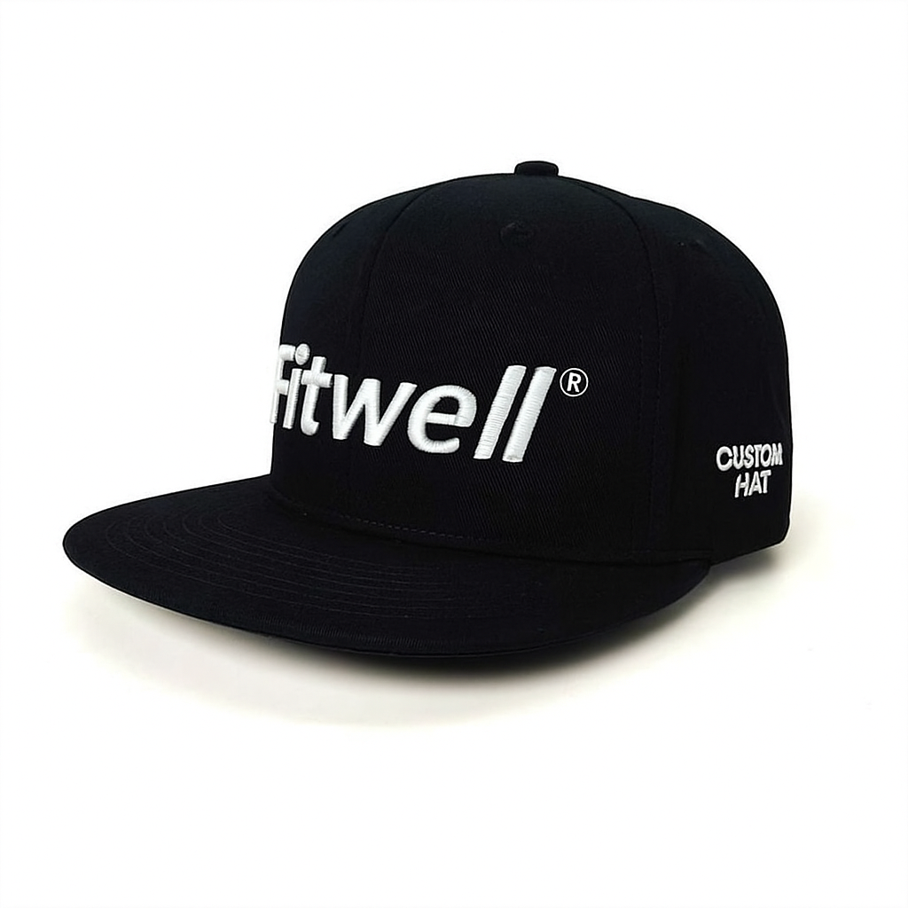 FITWELL Logo Black Flat Brim Snapback – Minimalist 3D Embroidered Cap
