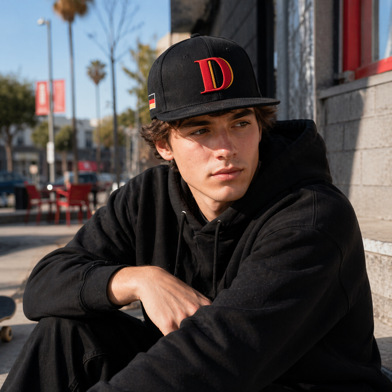 Black Flat Brim Snapback Cap with Bold Letter D 3D Embroidery Logo