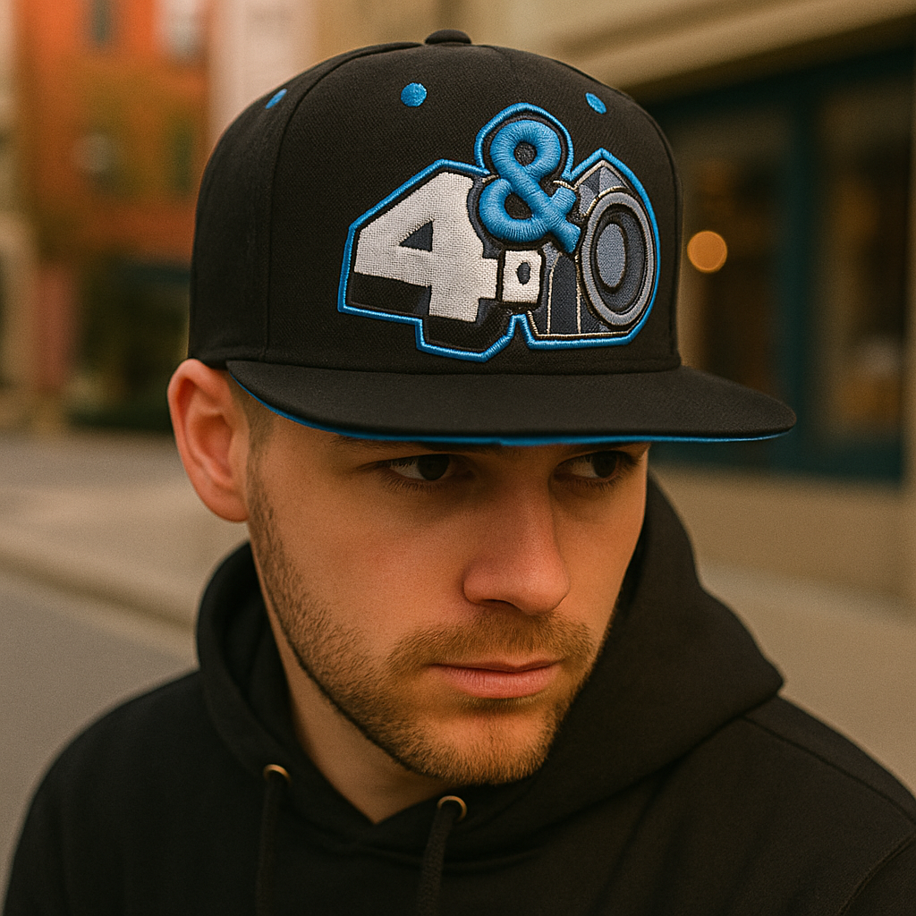 4&0 Graphic Snapback Hat with Blue 3D Embroidery – Black Edition