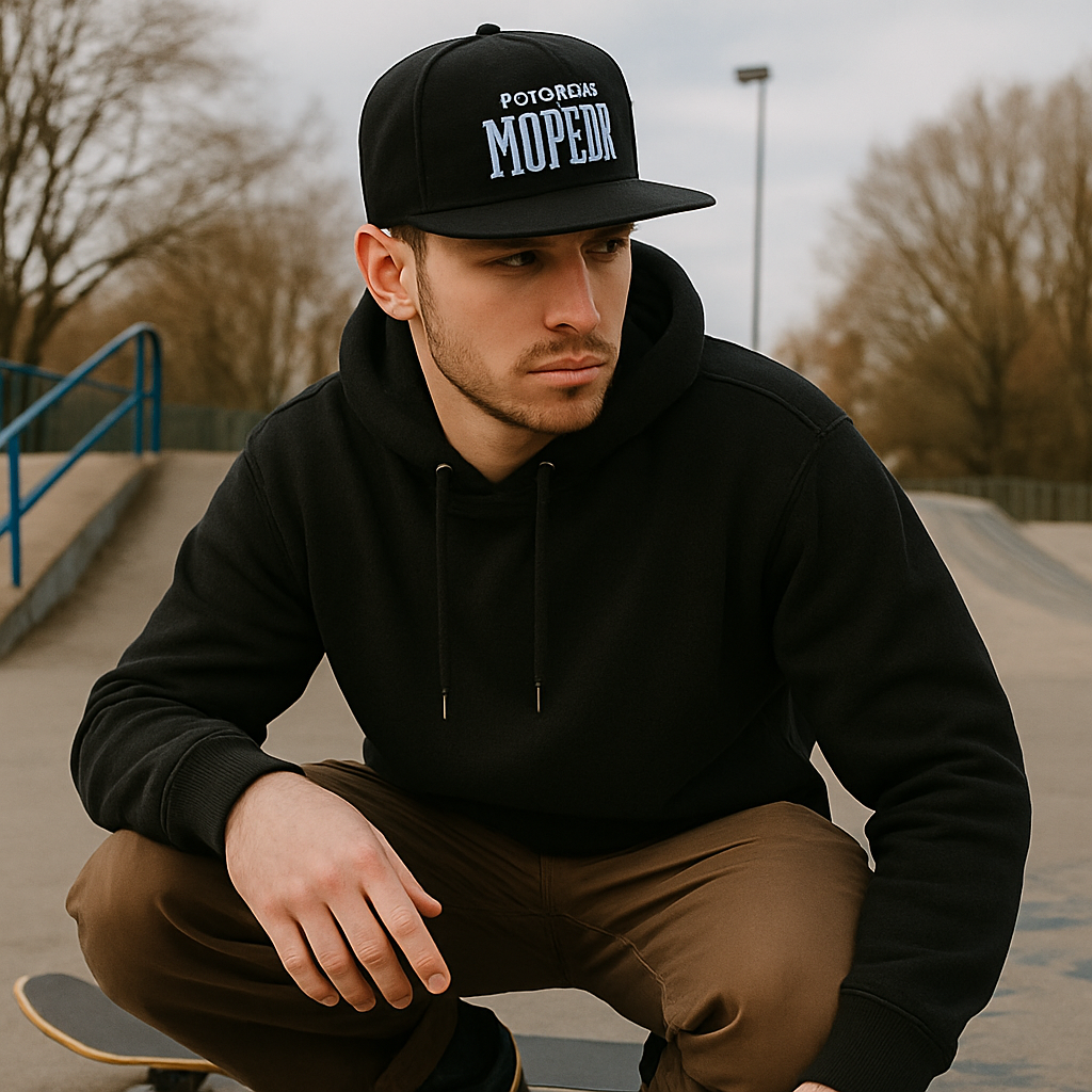 Black Flat Brim Snapback Cap with 3D Embroidered “MOPEDZ” Logo – Streetwear 6 Panel Hat