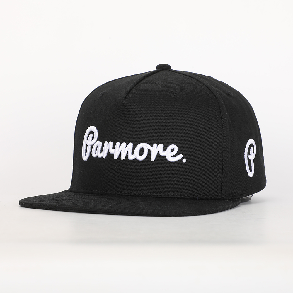 Black Flat Brim Snapback Cap with Embroidered Script Logo