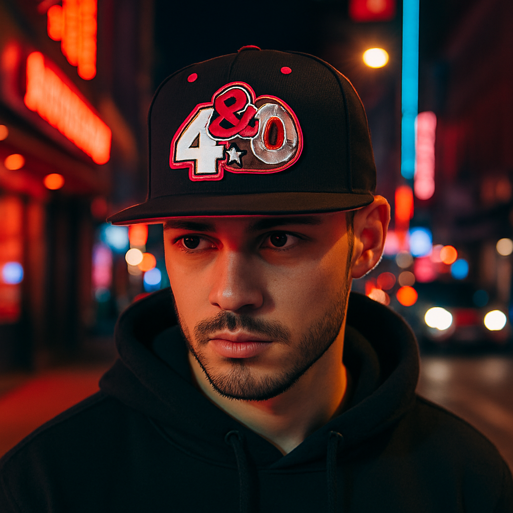 4&0 Snapback Hat with Red 3D Puff Embroidery – Black Speaker Edition