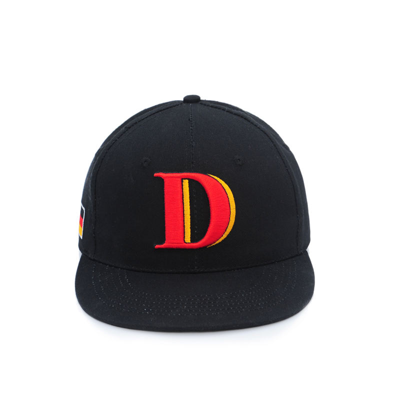 Black Flat Brim Snapback Cap with Bold Letter D 3D Embroidery Logo