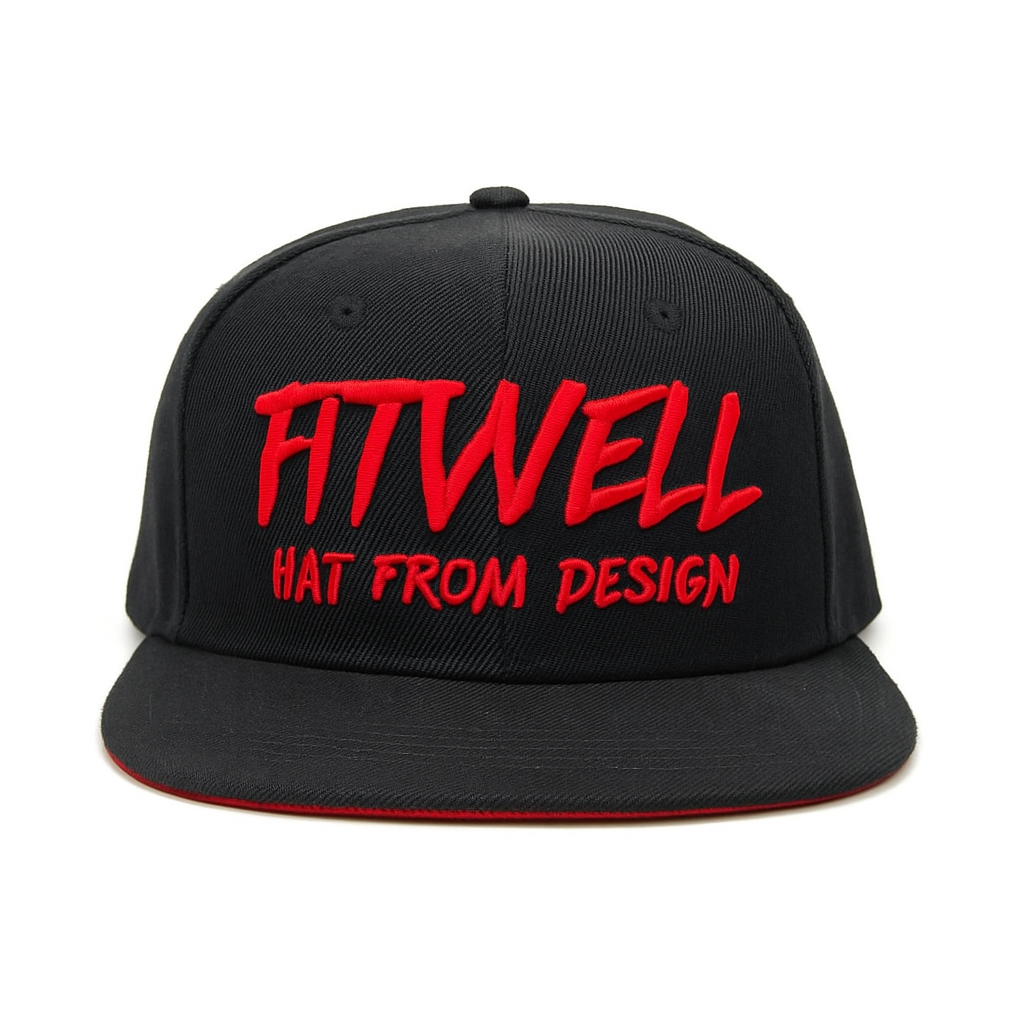 Red Text Custom Flat Brim Logo Hat