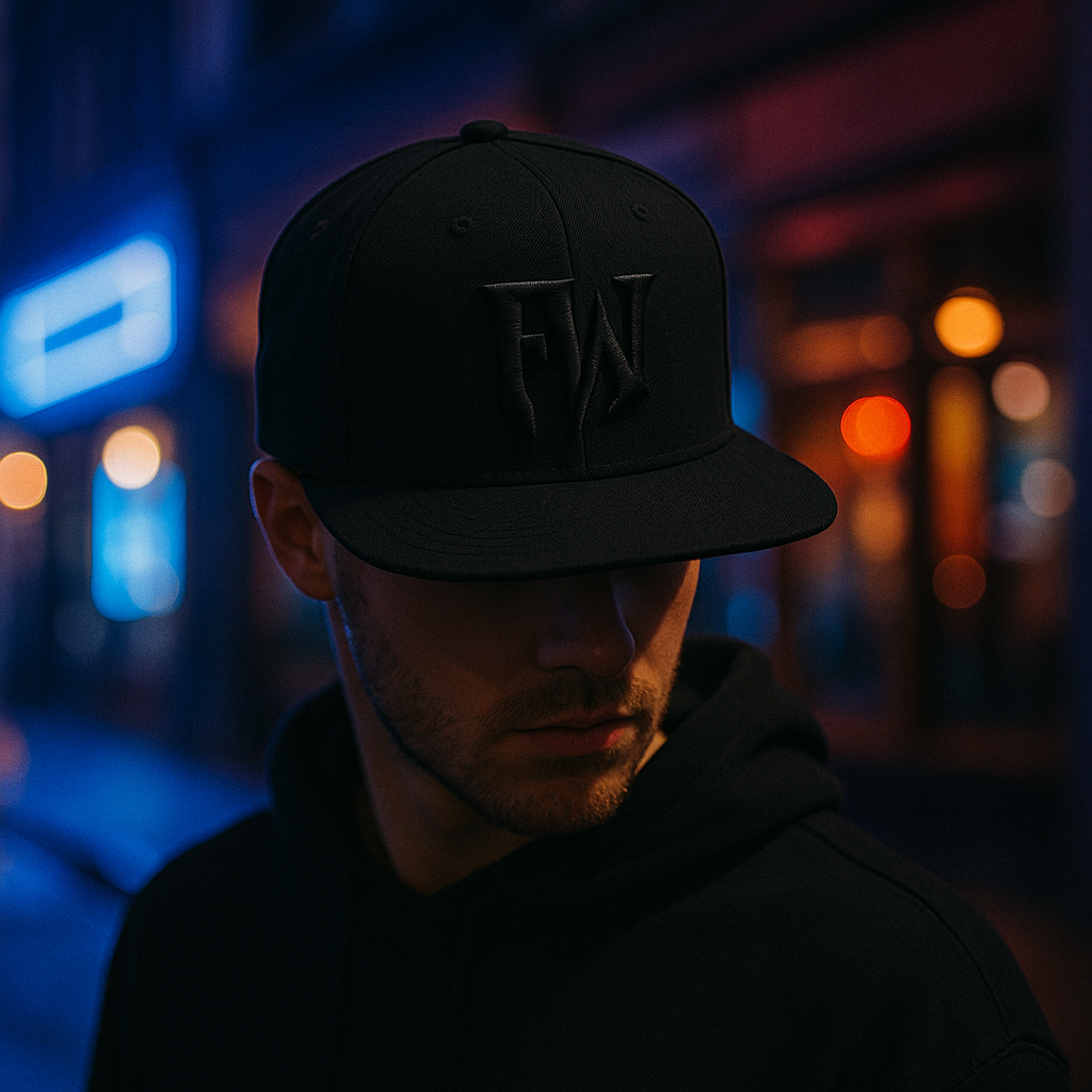 FW Letter Logo Snapback Hat – 3D Embroidered 6-Panel Black Cap