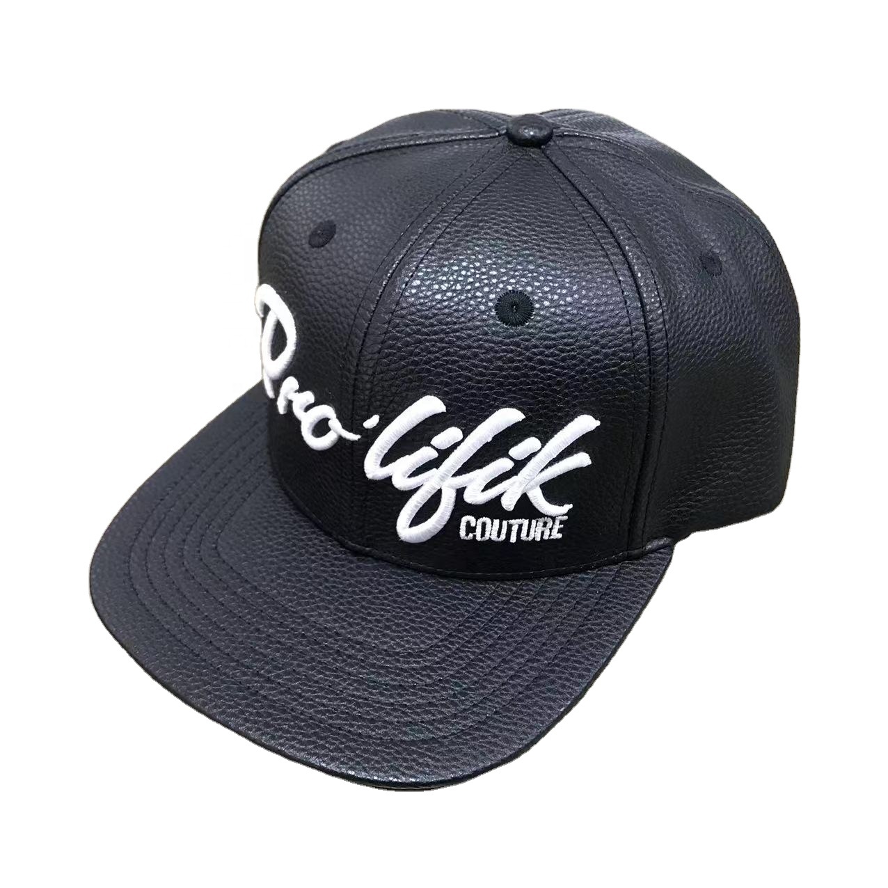 Black Faux Leather Snapback Hat with 3D Pro·lifik Embroidery