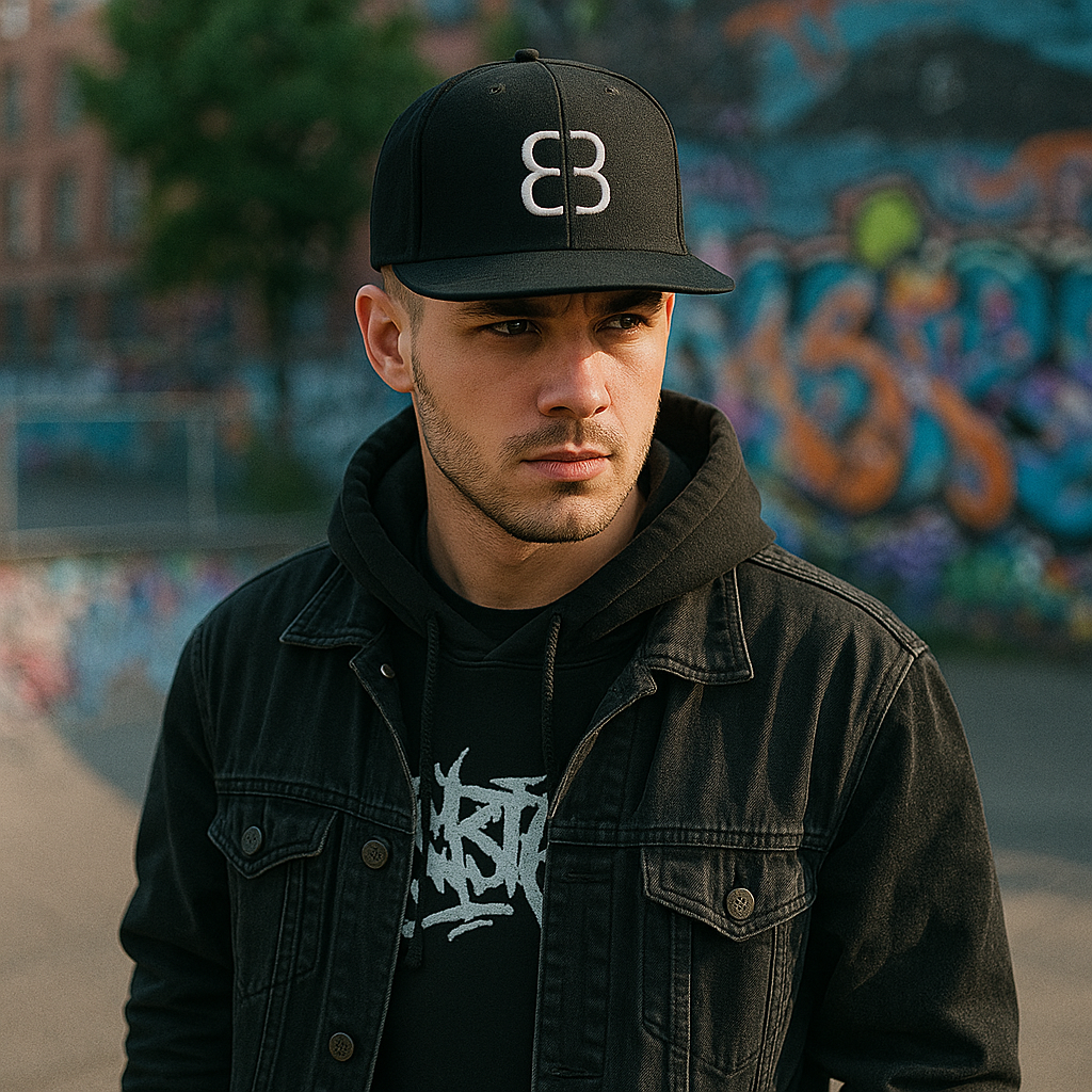 Black Snapback Hat with White B3 Logo – Custom Streetwear Flat Brim Cap