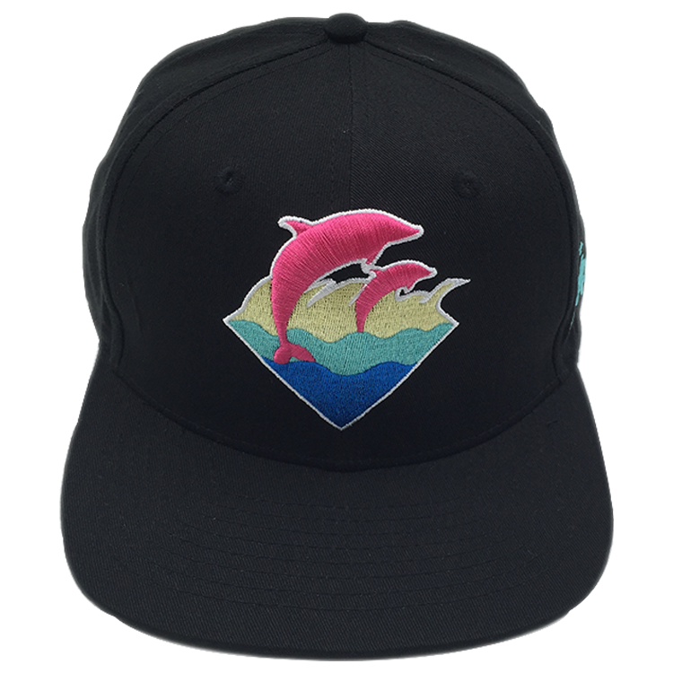 Black Flat Brim Snapback Hat with Pink Dolphin 3D Embroidery